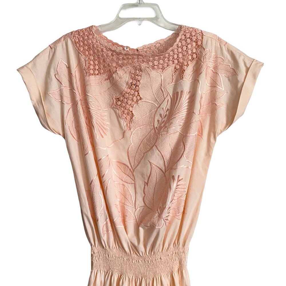 Vintage 70s 80s Midi Dress Lace Cutout Peach Pink M